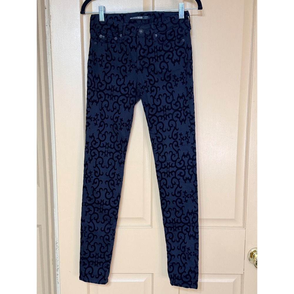 Big Star 1974 Andrea Skinny Jeans Black Gray Velvet Flocked Damask Size 25